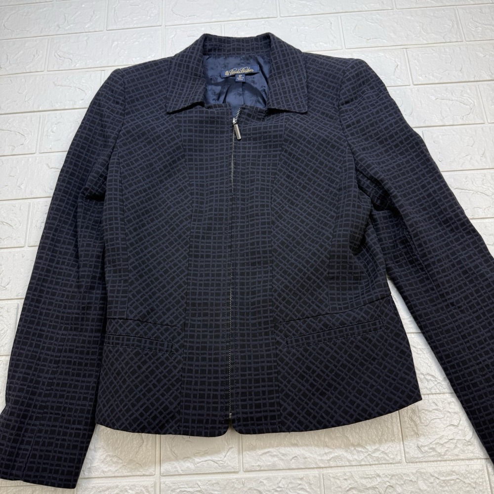 Brooks Brothers Blazer Womens 6P Navy Black Grid Check Zip Wool Blend Jacket